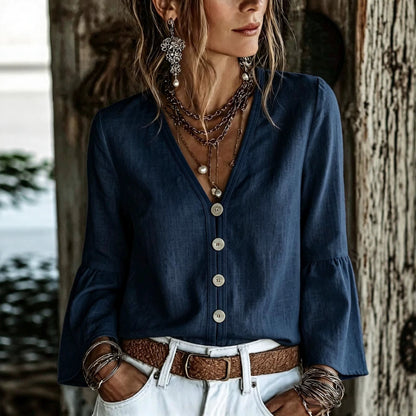 V-Neck Button-Front Bell Sleeve Blouse