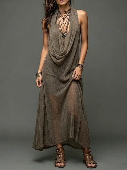 Sheer Mesh Cowl Halter Sleeveless Boho Maxi Dress