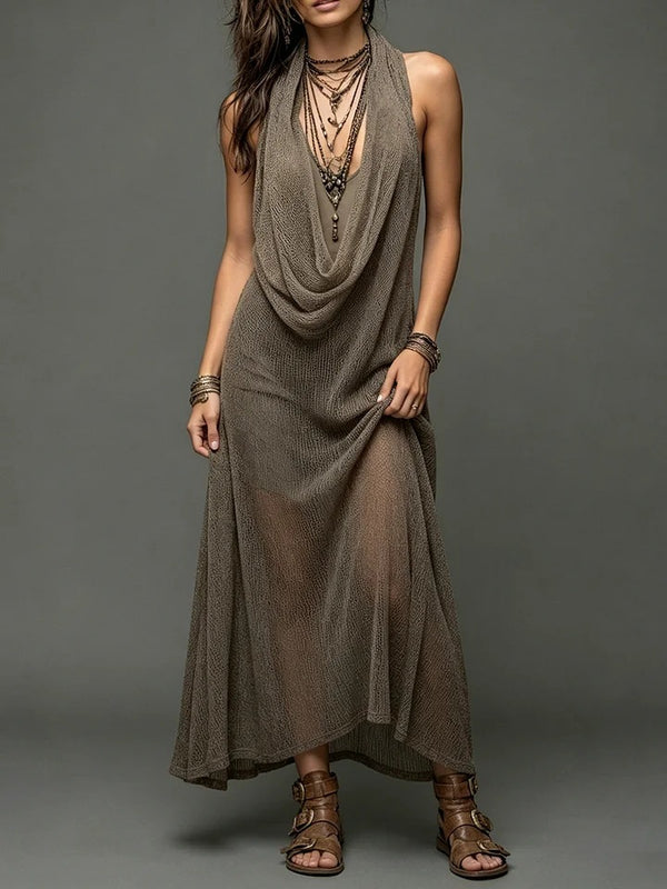 Sheer Mesh Cowl Halter Sleeveless Boho Maxi Dress