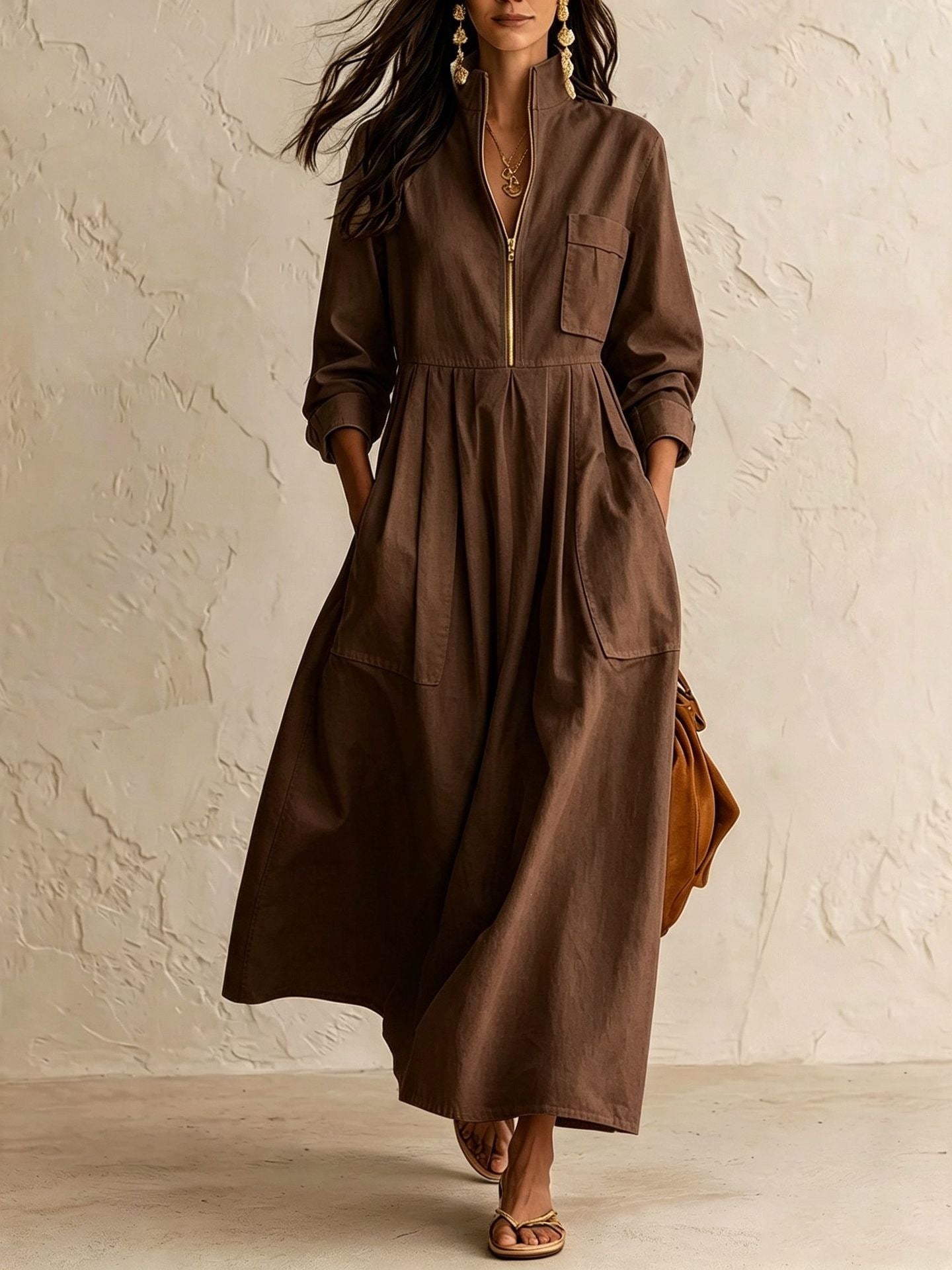 Half‑Zip Stand Collar Pocket Midi Maxi Dress