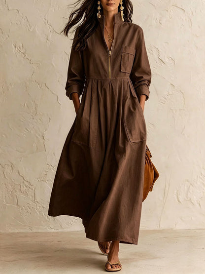 Half‑Zip Stand Collar Pocket Midi Maxi Dress