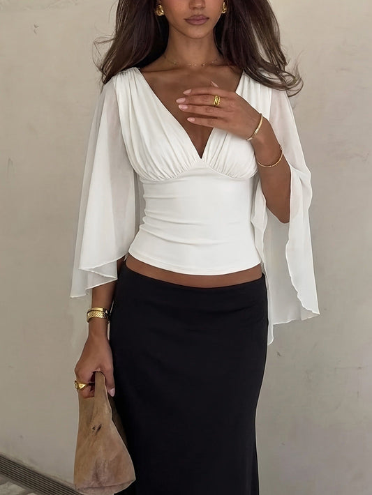 Cape-Sleeve Ruched V-Neck Top