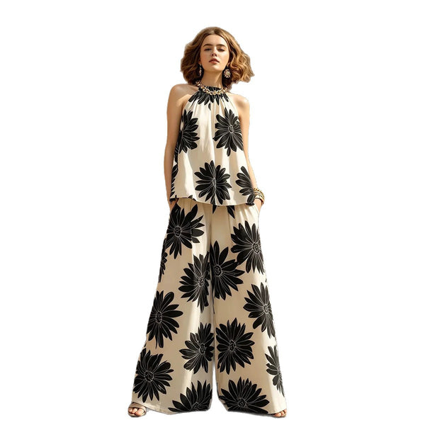 2 Piece Halter Floral Print Wide Leg Pants Set