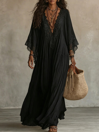 Women’s V-Neck Long Dress With Lace Detailing