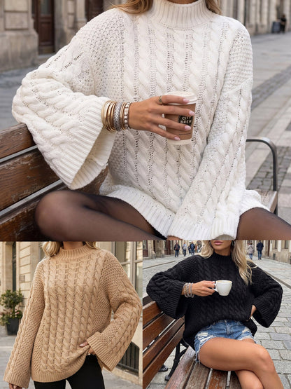 Oversized Cable Knit Mock Neck Sweater | Bell Long Sleeve Cozy Pullover