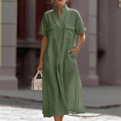 Linen Stand Collar Midi Shirt Dress