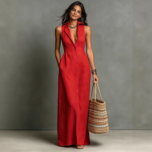 Women's Minimalist Linen-Blend Collared Single-Breasted Sleeveless Maxi Shirt Dress