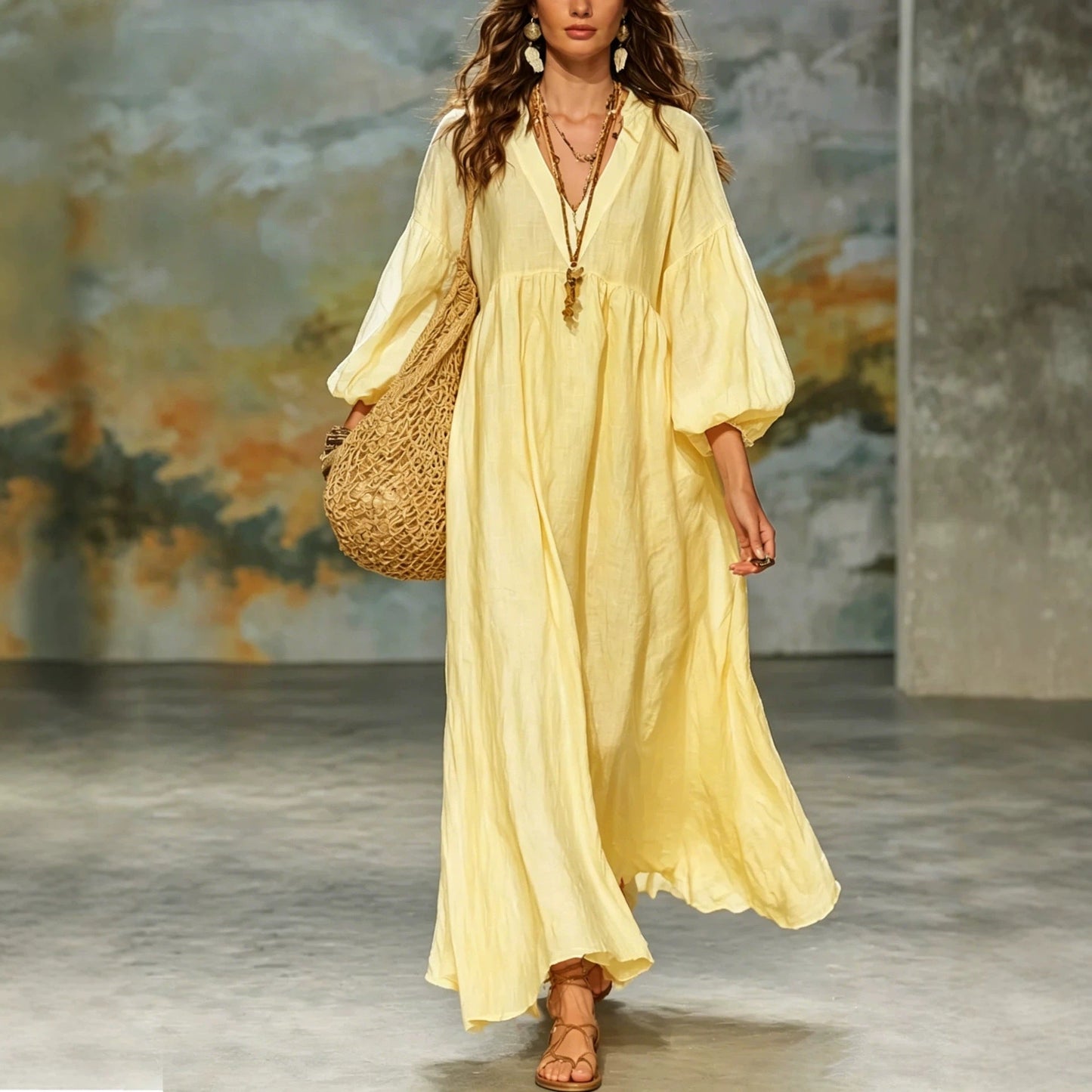 Boho V‑Neck Balloon Sleeve Linen‑Blend Maxi Dress