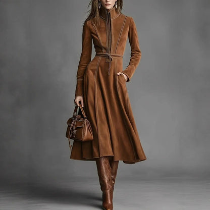 Women's Solid Brown Suede Zip‑Front Belted Long‑Sleeve Midi Dress