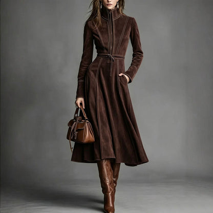 Women's Solid Brown Suede Zip‑Front Belted Long‑Sleeve Midi Dress
