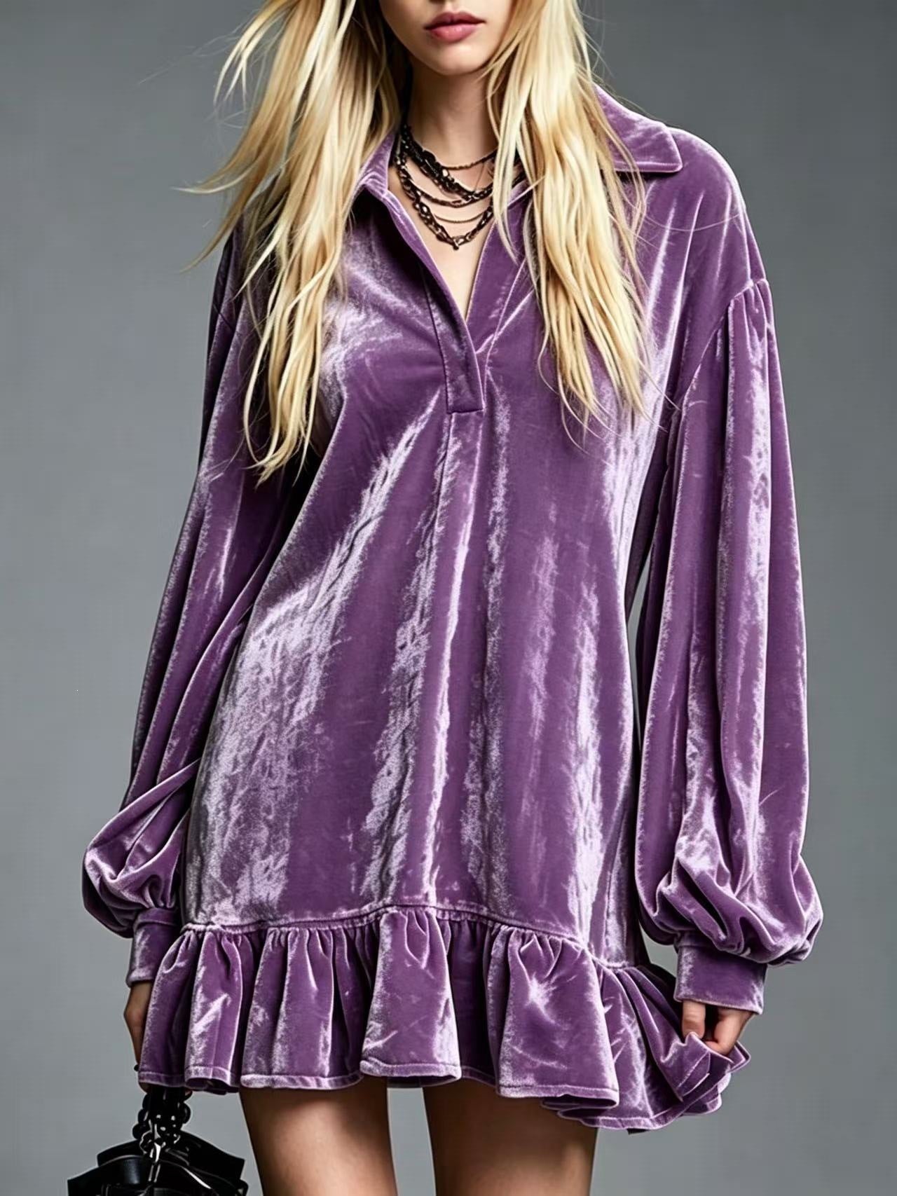 Velvet Ruffle Hem Mini Dress Women Lapel Long Sleeve Loose Casual Tunic Dress