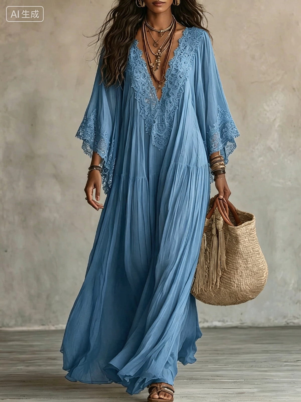 Women’s V-Neck Long Dress With Lace Detailing