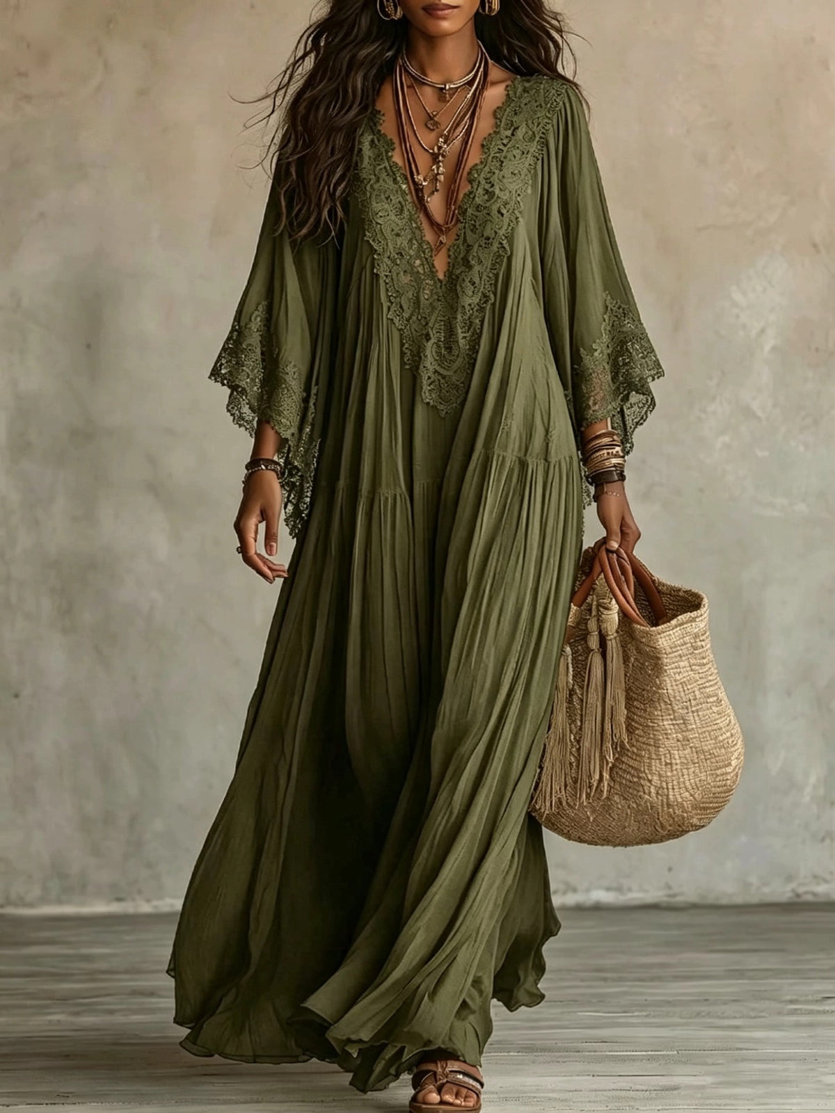 Women’s V-Neck Long Dress With Lace Detailing