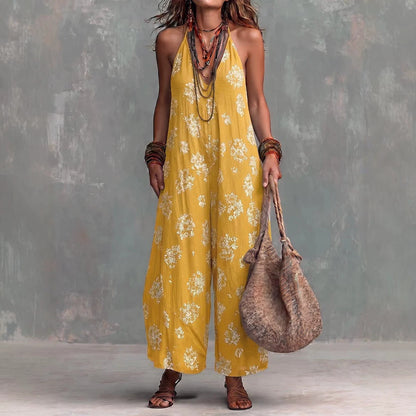 Women's Yellow Boho Floral Halter Wide-Leg Jumpsuit