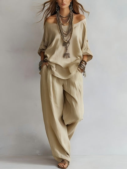 Women'S One-Shoulder Loose Top Wide-Leg Pants Cross-Border Two-Piece Set
