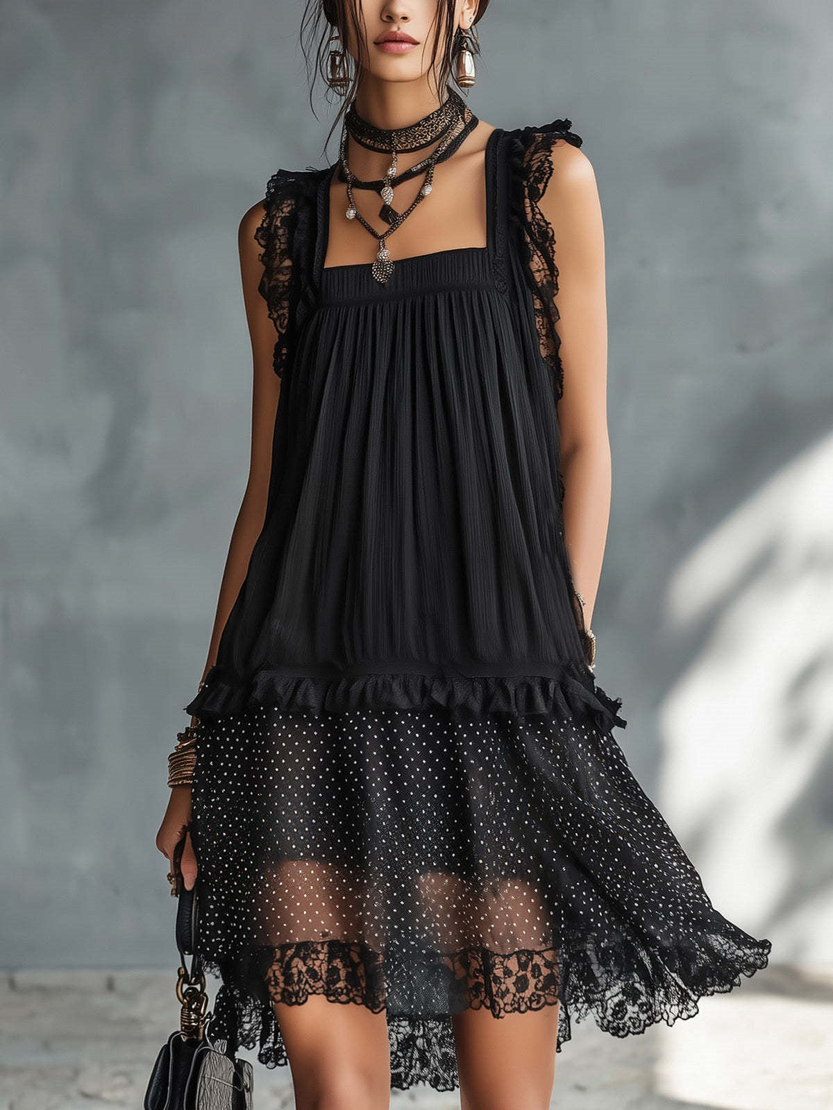 Black Lace Trim Polka‑Dot Layered Chiffon Midi Dress