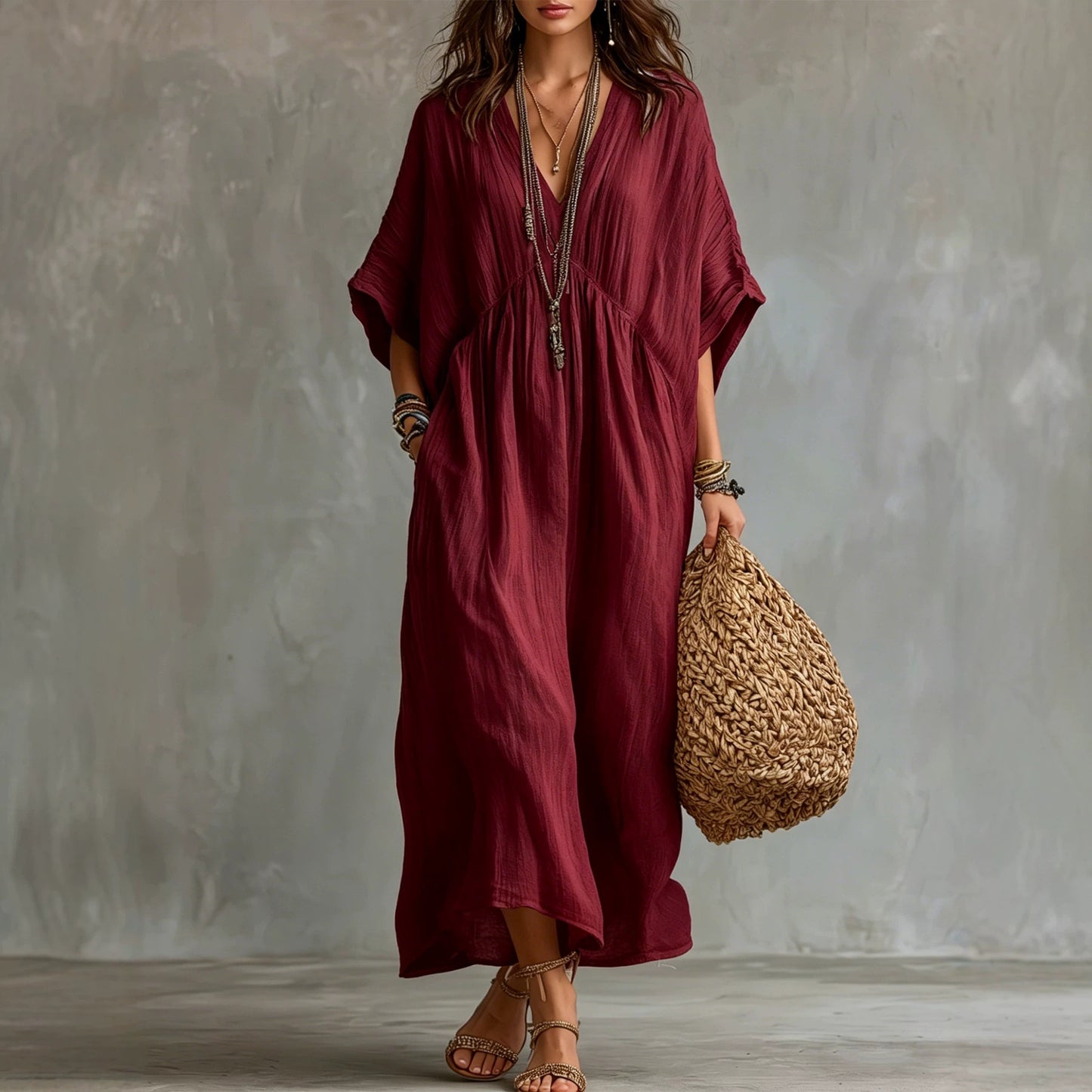 Crinkled V Neck Dolman Sleeve Gathered Waist Kaftan Maxi Dress