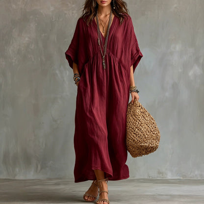 Crinkled V Neck Dolman Sleeve Gathered Waist Kaftan Maxi Dress