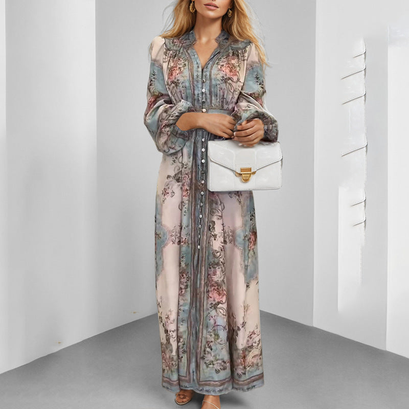 Vintage Floral Print Ruffled V‑Neck Button‑Front Maxi Dress