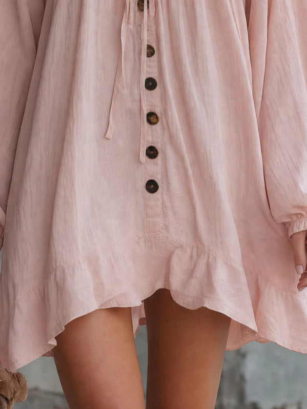V‑Neck Lace Trim Boho Mini Dress Bell Long Sleeve Tie Front Loose Ruffle Hem Tunic Dress