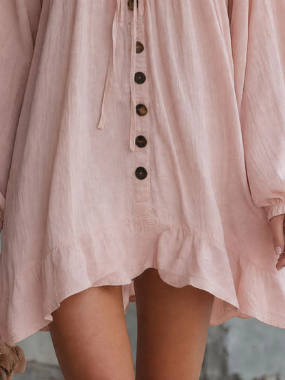 V‑Neck Lace Trim Boho Mini Dress Bell Long Sleeve Tie Front Loose Ruffle Hem Tunic Dress