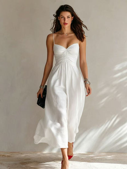 Linen Spaghetti Strap Sweetheart Ruched Bust Flowy Midi Dress