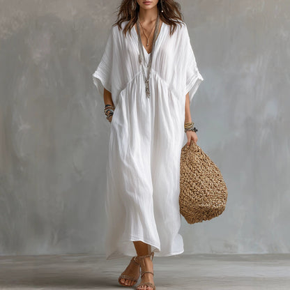 Crinkled V Neck Dolman Sleeve Gathered Waist Kaftan Maxi Dress