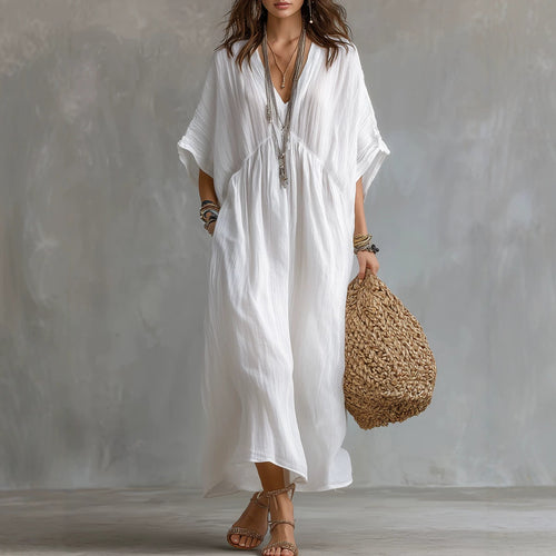 Crinkled V Neck Dolman Sleeve Gathered Waist Kaftan Maxi Dress
