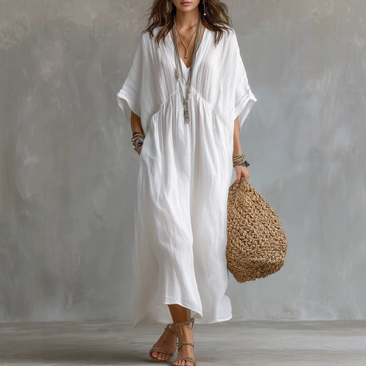 Crinkled V Neck Dolman Sleeve Gathered Waist Kaftan Maxi Dress