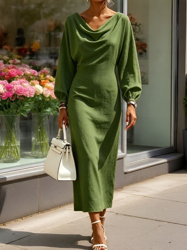 Cowl‑Neck Batwing Sleeve Bodycon Midi Dress
