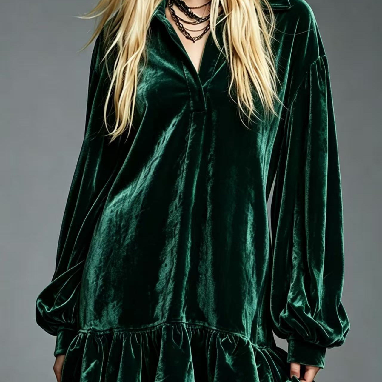 Velvet Ruffle Hem Mini Dress Women Lapel Long Sleeve Loose Casual Tunic Dress