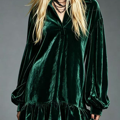 Velvet Ruffle Hem Mini Dress Women Lapel Long Sleeve Loose Casual Tunic Dress