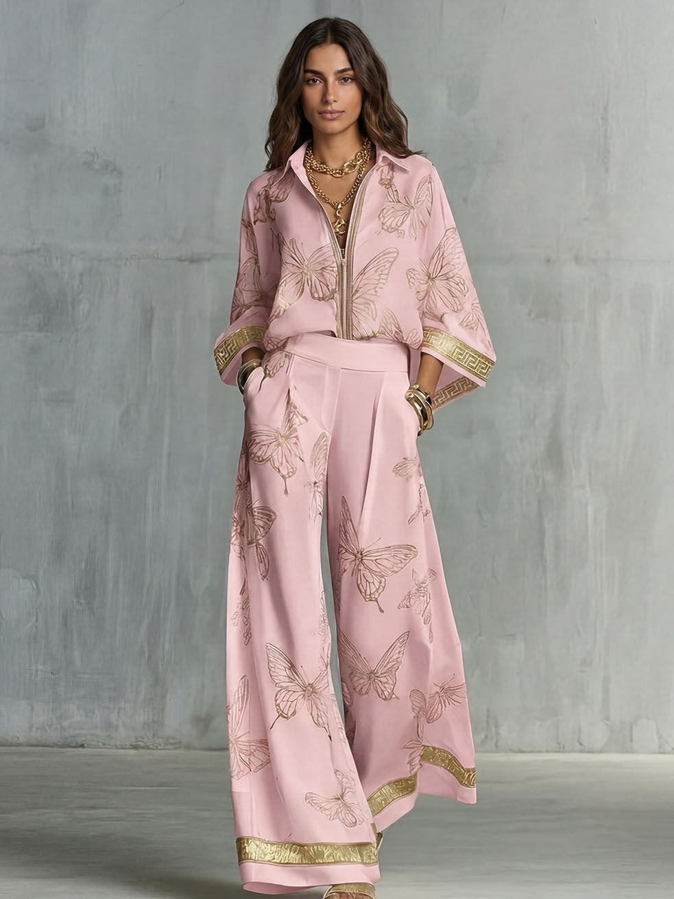 Butterfly Print Zip‑Front Blouse & Wide‑Leg Pant Two‑Piece Set