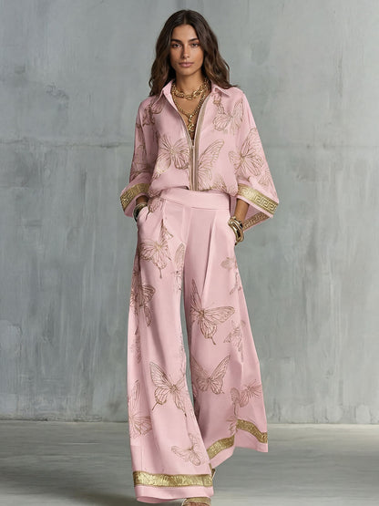 Butterfly Print Zip‑Front Blouse & Wide‑Leg Pant Two‑Piece Set