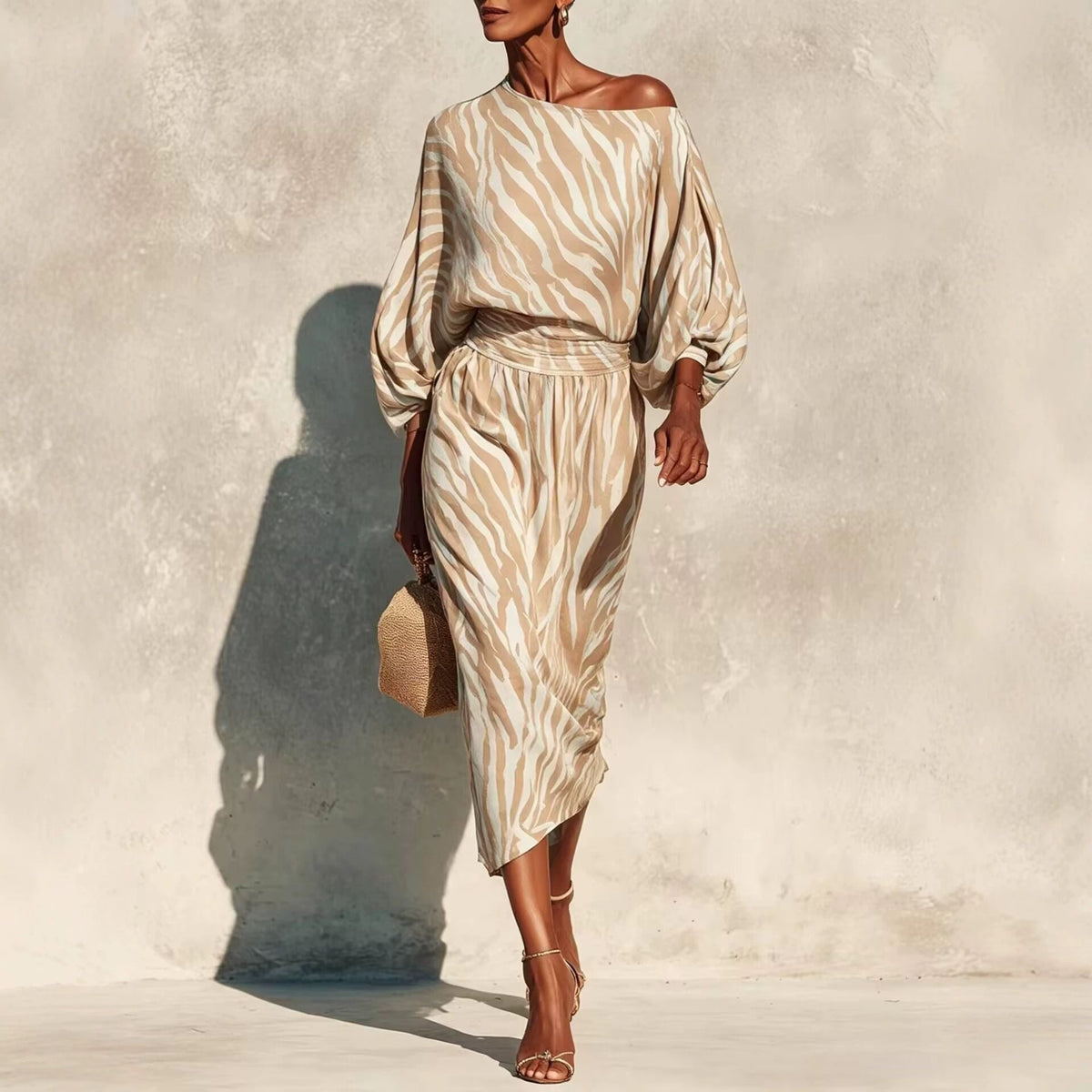 One Shoulder Balloon Sleeve Abstract Print Wrap Midi Dress
