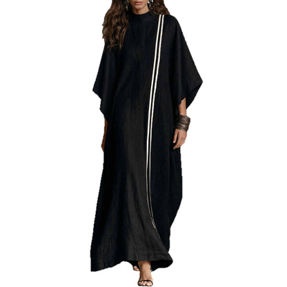 Striped Detail Stand Collar Linen Blend Kaftan Maxi Dress