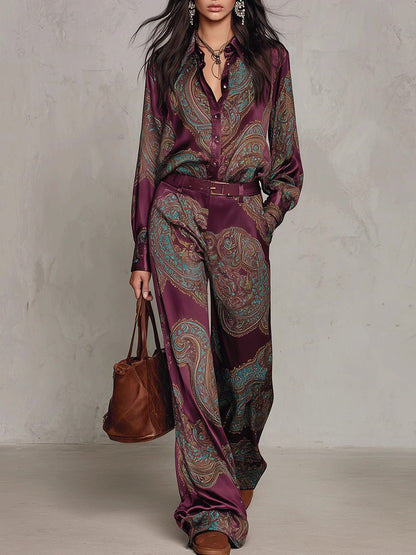 Printed Long-Sleeve Shirt And Wide-Leg Trousers Set