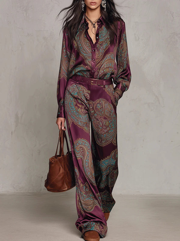 Printed Long-Sleeve Shirt And Wide-Leg Trousers Set