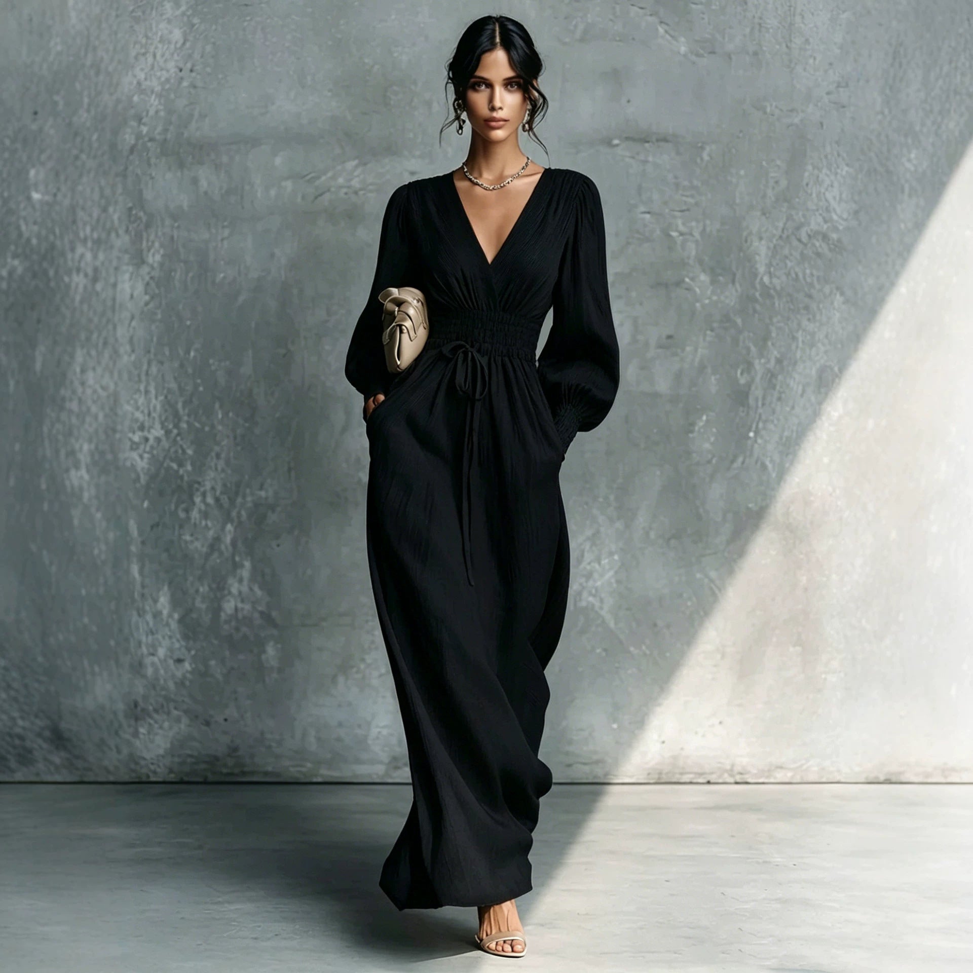 Textured V-Neck Smocked Waist Maxi Dress