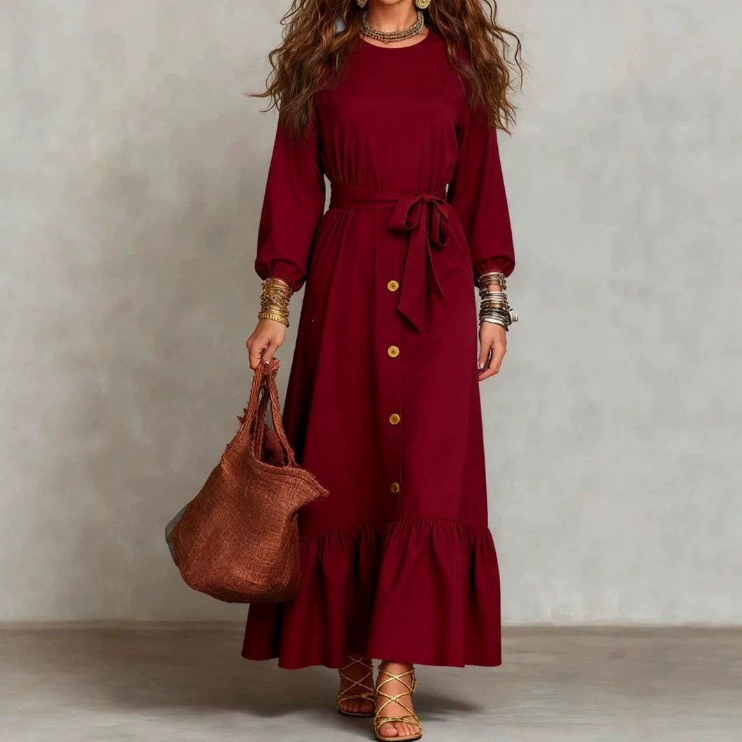 Button‑Front Tie‑Waist Tiered Ruffle Maxi Dress
