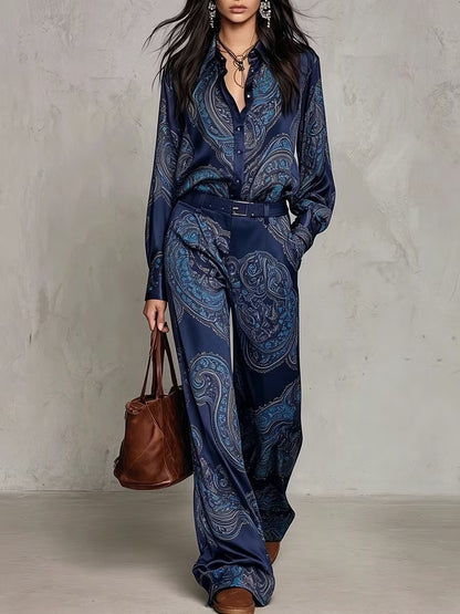 Printed Long-Sleeve Shirt And Wide-Leg Trousers Set