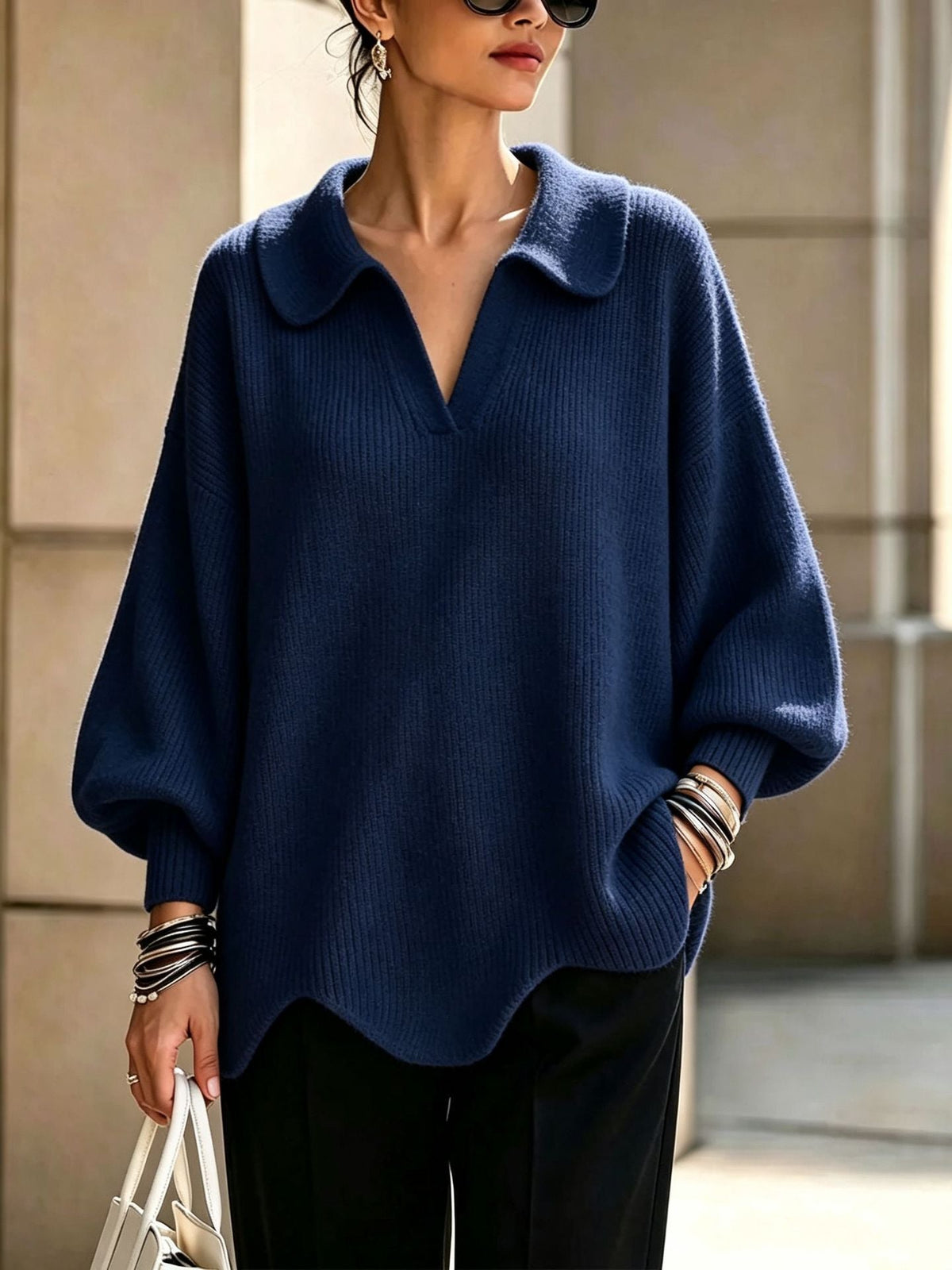Peter Pan Collar V-Notch Oversized Rib Knit Sweater