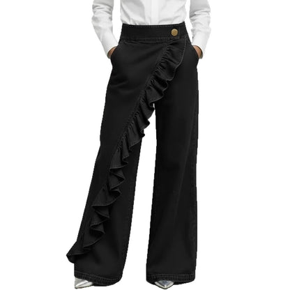 Ruffle Accent High-Waist Wide-Leg Jeans