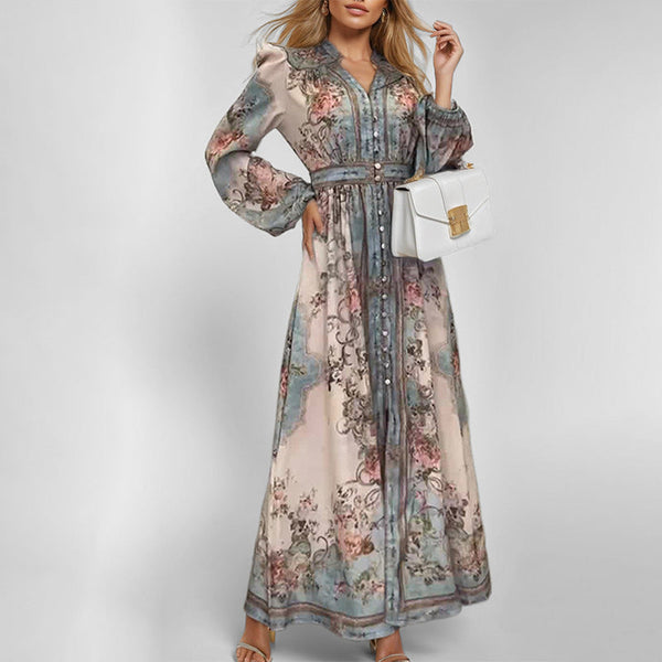 Vintage Floral Print Ruffled V‑Neck Button‑Front Maxi Dress