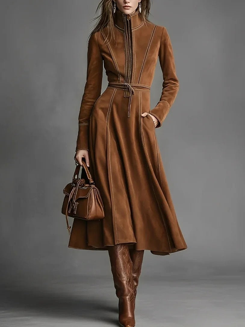 Women's Solid Brown Suede Zip‑Front Belted Long‑Sleeve Midi Dress