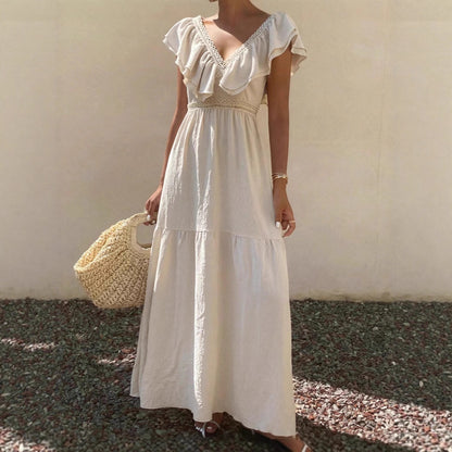 Women Solid V Neck Flutter Sleeve Loose Tiered Flowy Maxi Dress For Summer Vacation
