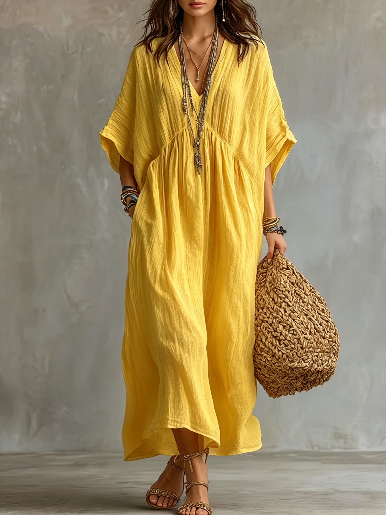 Crinkled V Neck Dolman Sleeve Gathered Waist Kaftan Maxi Dress