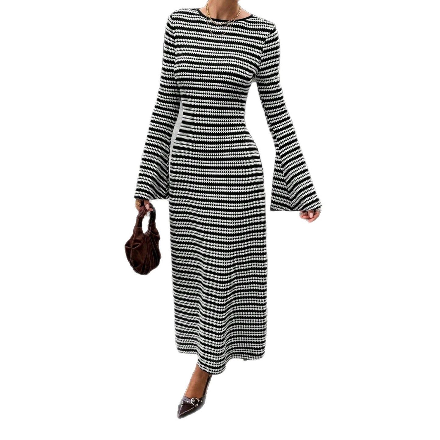 Urban Monochrome Striped Knit Maxi Dress Statement Bell Sleeve Slim‑Fit Long Party Dinner Dress