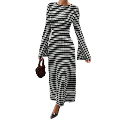 Urban Monochrome Striped Knit Maxi Dress Statement Bell Sleeve Slim‑Fit Long Party Dinner Dress