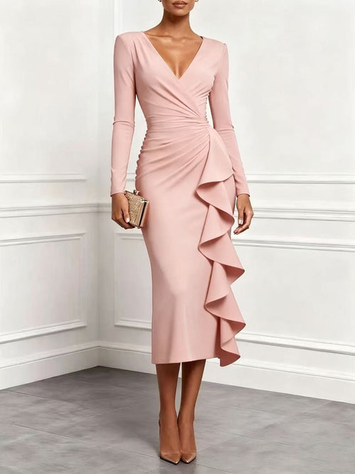 Women's Solid Blush‑Pink Wrap Ruffle Ruched Long‑Sleeve Midi Dress